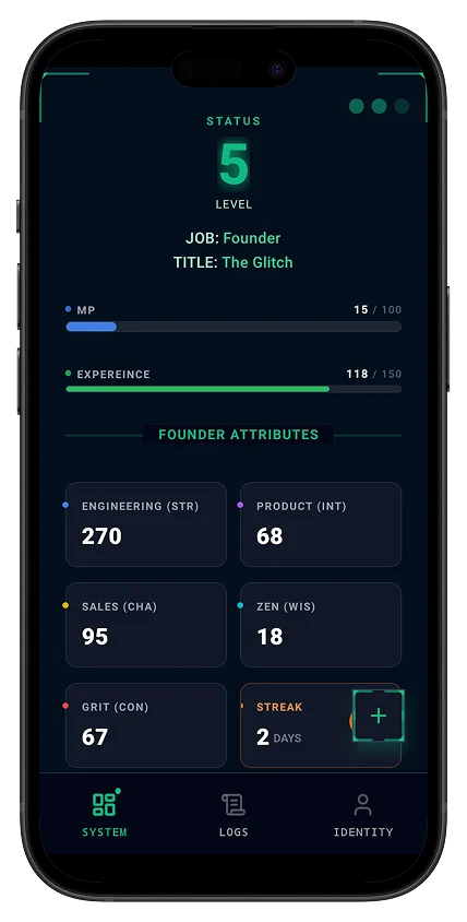 Founder Mode character screen showing level, attributes and streak
