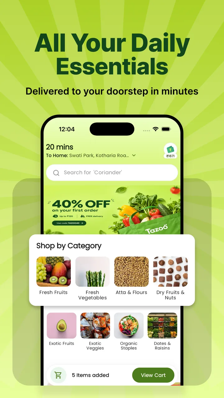 Tazoo home screen with shop-by-category shortcuts